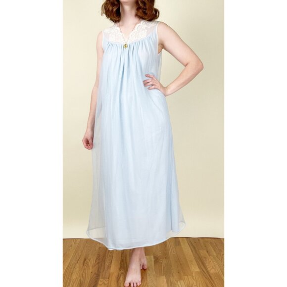 Vintage Chiffon Two Piece Matching Set Robe Slip Lace Maxi Chemise Dress 50s 60s - Picture 3 of 7